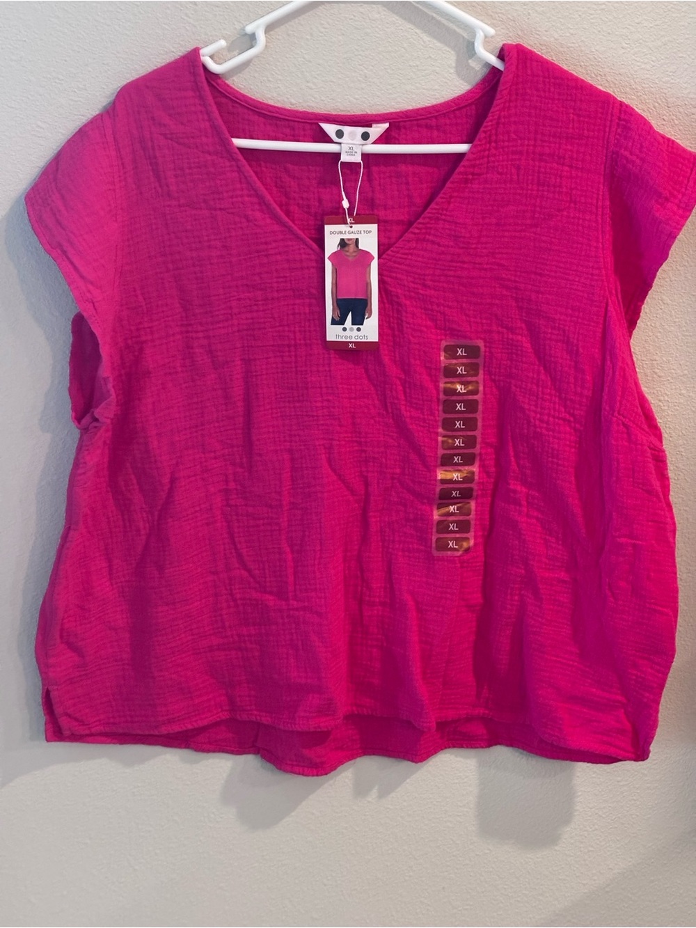 Three Dots Bright Fuchsia V-Neck Cotton Gauze Top